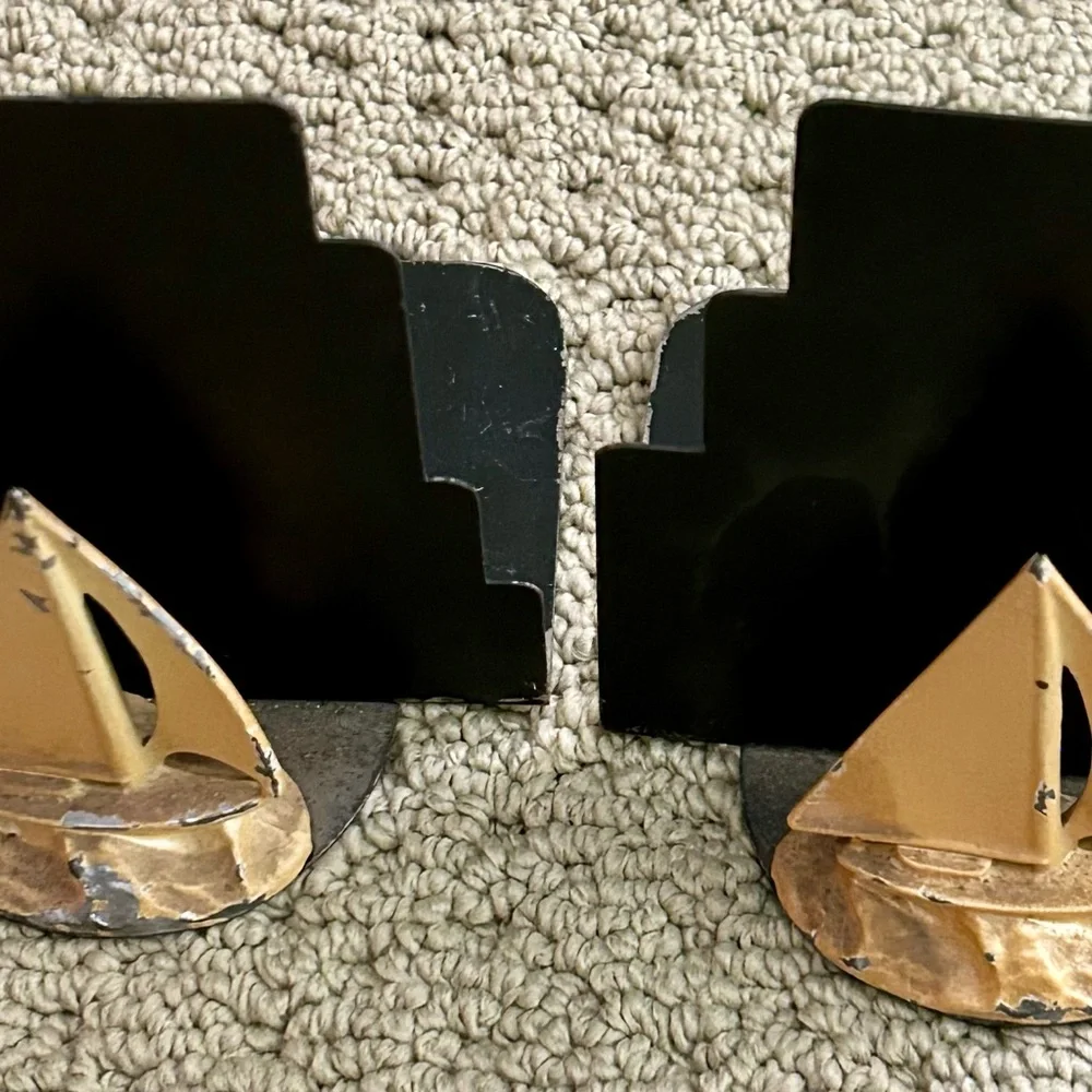 Vintage MCM Metal Sailboat Boat Pair Bookends - Black Dull Gold Nautical Retro